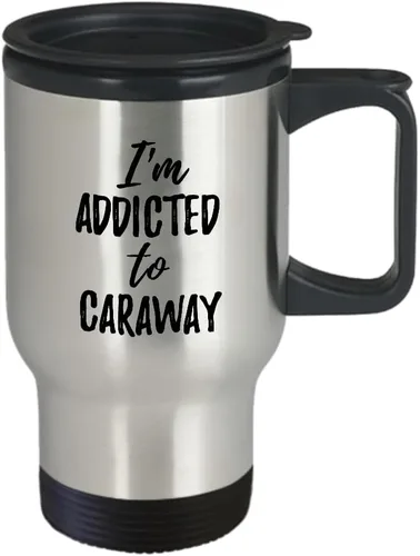 Vista 2 de Taza de viaje con texto en inglés "I'm Addicted To Caraway" (Soy Addicted To Caraway - Taza de viaje divertida para amantes de la comida), con tapa
