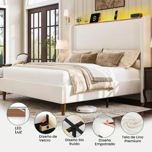 Vista 8 de LARMACE Base de cama tamaño Queen con luces LED y estación de carga, base de cama de plataforma tapizada de lino con cabecera de 51.2 pulgadas