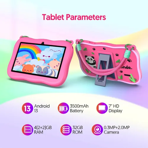 Vista 2 de 7 pulgadas Android 13 Kids Tablet, 4GB+32GB+1TB expandido, Quad-Core tableta para niños pequeños con funda a prueba de golpes, Bluetooth, WiFi