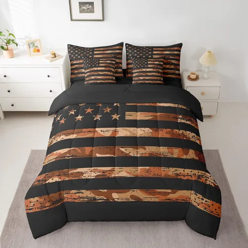 Vista 18 de Feelyou Juego de edredón botancial de camuflaje con bandera estadounidense Negro Marrón Oscuro