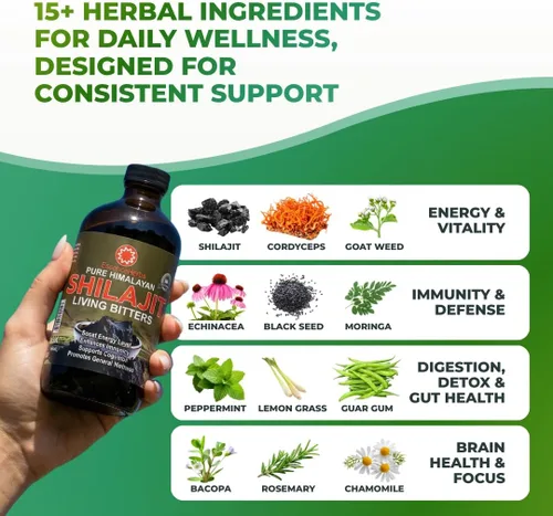 Vista 2 de Essence Herbs Shilajit - Líquidos amargos hechos con shilajit, moringa, semillas negras y más (paquete de 1)
