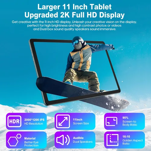 Vista 6 de AISLPC Tableta Android 13 de 11 pulgadas 16GB RAM+256GB ROM+1TB Expandir Octa-Core Tablets PC con doble ranura para tarjeta SIM, pantalla 2K 2000 x