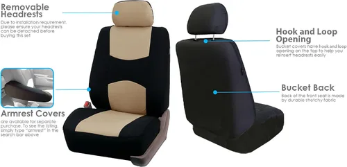 Vista 4 de Fundas de asientos para auto de tela lisa y almohadillas para cinturón y volante, diseño universal FH-FB050102 y FH2033, Beige1