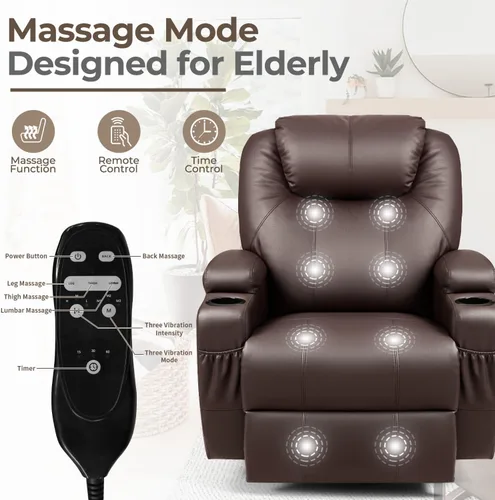 Vista 4 de Furniwell Rocker - Silla reclinable con masaje para ancianos, sofá mecedora ajustable de cuero giratorio de 360° para sala de estar con control