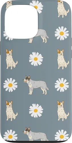 Vista 23 de Funda azul para iPhone 16 con diseño de perro Heeler y margarita azul polvoriento