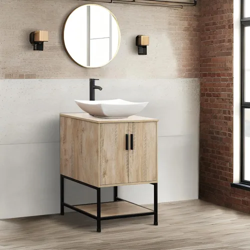 Vista 5 de UEV Tocador de Baño de Roble Rústico de 24" con Lavabo, Conjunto de Gabinete de Baño con Marco de Hierro Industrial con Puertas y Estante, con Combo