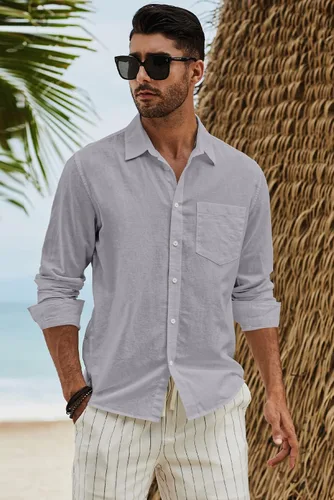 Vista 5 de JMIERR Camisa de vestir de manga larga con botones y lino de algodón para hombre