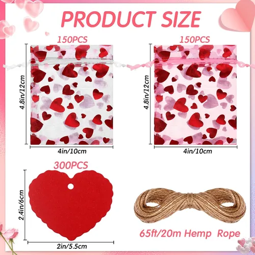 Vista 2 de Windyun 300 bolsas de regalo para el día de San Valentín, bolsas de dulces de San Valentín, bolsa con cordón de corazón, regalos para el día de San