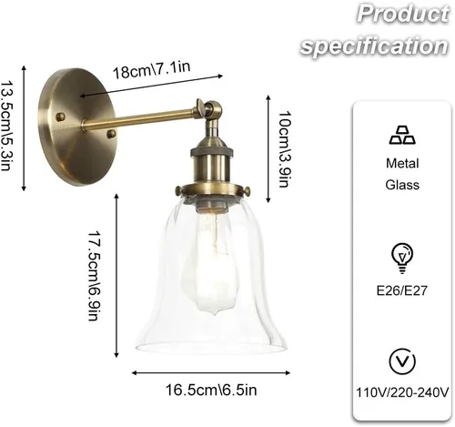 Vista 4 de Retro Glass Wall Light Industrial Wall Sconce Farmhouse Wall Lamp, Vintage Wall Mount Lighting Fixture Hardwired Sconces for Living Room Loft Bronze