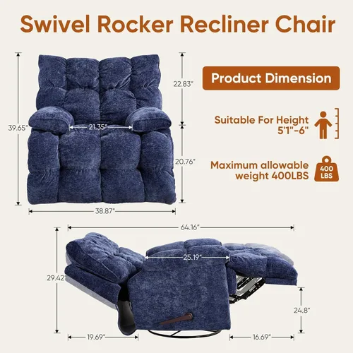 Vista 2 de Silla reclinable giratoria de gran tamaño, reclinable mecedora extra ancha Azul