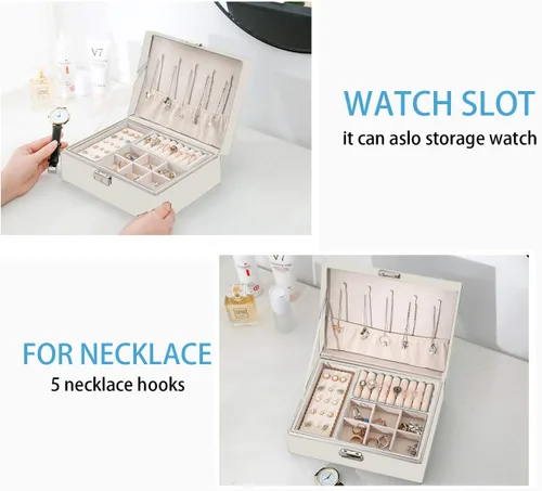 Vista 2 de ProttyLife Joyeros para mujer, 2 capas grandes, organizador de joyas para mujer, organizador grande con cerradura para joyería, soporte para aretes