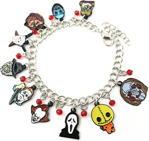 Vista 6 de Twin Six Pulsera de terror de Halloween Michael Myrs Jason Voorhs Fredy Krueger It PenyWis Chuky Face regalo para mujeres y niñas Metal Sin gemas