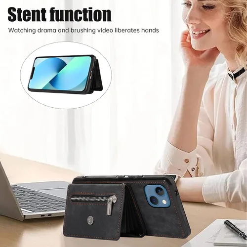 Vista 3 de Funda para iPhone 13 de 6.1 pulgadas con protector de pantalla de vidrio templado, correa cruzada para muñeca, soporte para tarjeta de crédito