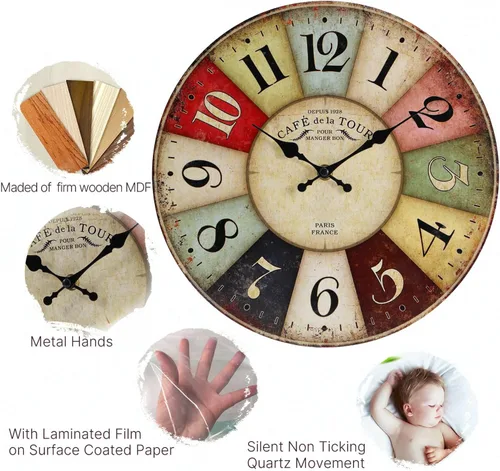 Vista 2 de Reloj de pared de 12 pulgadas, estilo retro, rústico, de cuarzo, silencioso, sin tictac, de madera, funciona con pilas, para sala de estar, cocina