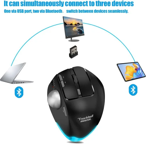 Vista 5 de zelotes Ratón de trackball, mouse Bluetooth inalámbrico recargable, 4800 DPI (5 niveles ajustables), modo dual (BT 5.0/3.0 + receptor USB 2.4G)