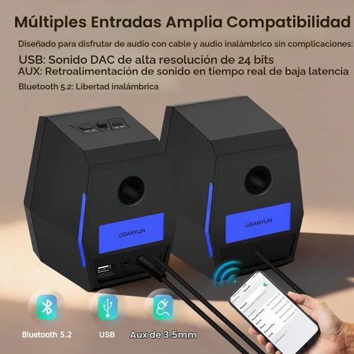 Vista 6 de Sanyun SW209 - Altavoces para juegos de PC de 36 W con DAC USB de 24 bits, Bluetooth 5.2 y entradas auxiliares, 3 modos de sonido EQ, altavoces