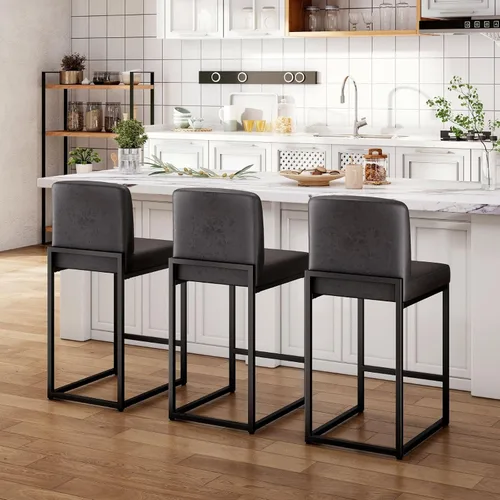 Vista 9 de Sophia & William Taburete de bar negro, altura de mostrador de 24 pulgadas con respaldo, sillas de bar modernas de piel sintética para cocina, 1