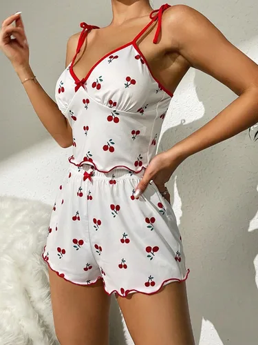 Vista 5 de SweatyRocks Conjunto de pijama de 2 piezas con estampado floral para mujer, con lazo frontal y volantes