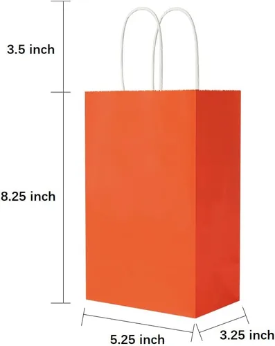 Vista 4 de Cada paquete de 100 bolsas pequeñas de papel kraft naranja y morado con asas a granel