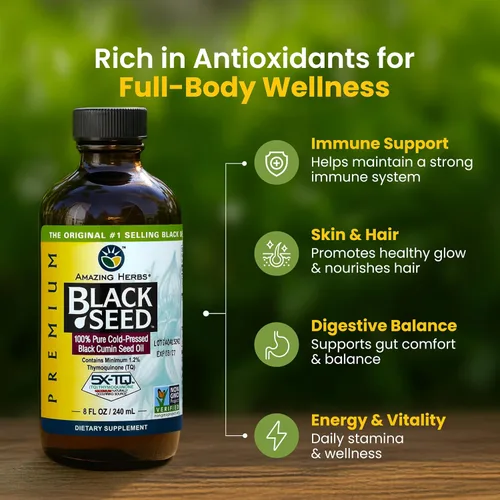 Vista 3 de Amazing Herbs Aceite de semilla negra de alta calidad, sin gluten, sin OMG, prensado en frío, Nigella sativa ayuda a la salud digestiva, apoyo