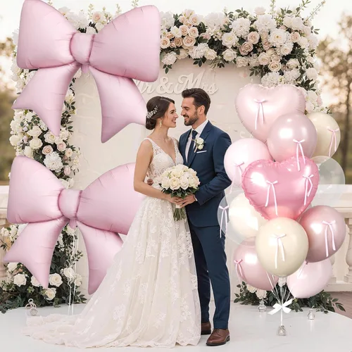 Vista 5 de 16 globos de corazón rosa, globos de lazo de 38 pulgadas, globo transparente rosa perla de doble relleno y arco en forma de corazón globo