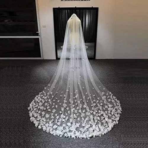 Vista 2 de Velo de novia largo de novia con flores 3D, encaje floral, velo de lujo blanco para novia con peine catedral de boda