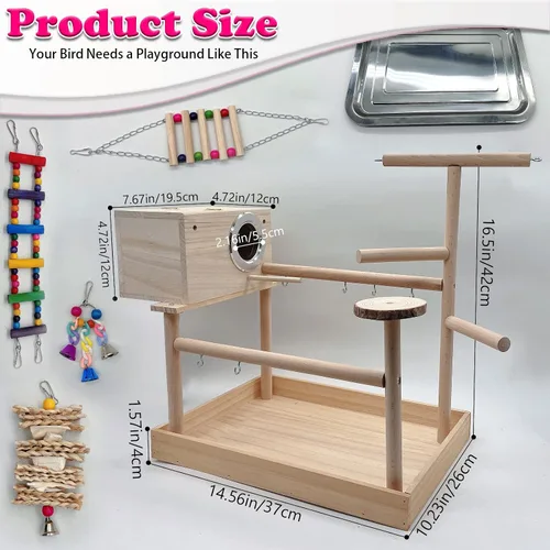 Vista 9 de kathson Parque infantil para pájaros, soporte de juego de loro, gimnasio de juego de periquitos con caja de cría y tazas de comida, soporte de perca