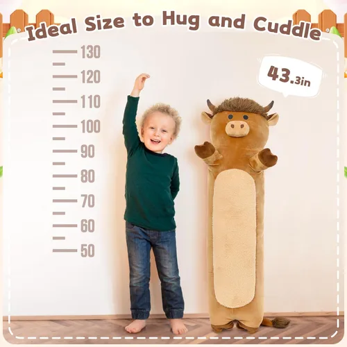 Vista 2 de Tezituor Lindo animal de peluche de vaca de las tierras altas de 43 pulgadas, almohada de felpa de vaca larga suave para niños y adultos, juguete