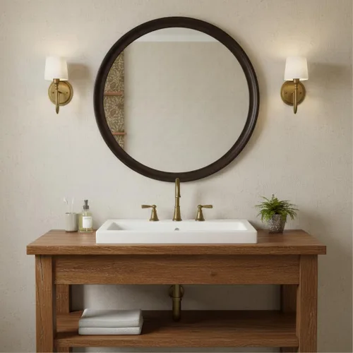 Vista 2 de Espejos redondos de 24 pulgadas, espejo de pared rústico decorativo de transición de nogal oscuro con grano de madera para baño, espejo de tocador