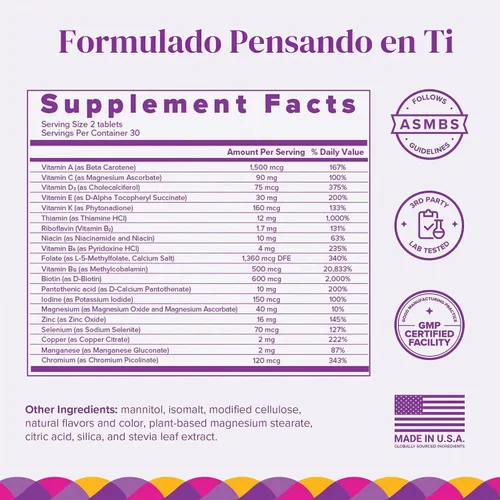 Vista 2 de BariMelts Multivitamin, vitaminas solubles para personas con sobrepeso, sin azúcar, sabor natural de frutas, sin OMG, tabletas de disolución rápida