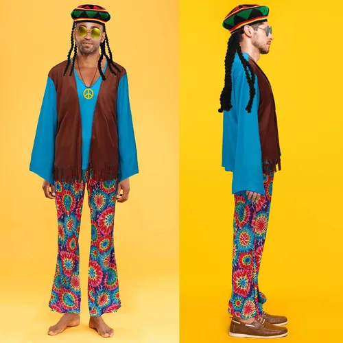 Vista 4 de Geyoga 5 piezas de disfraz hippie de los años 60 y 70 para hombres y mujeres camisa de pantalón hippie chaleco de imitación con rastas