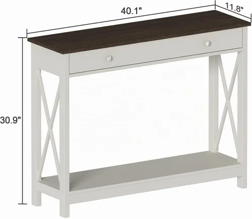 Vista 2 de Mesa consola de madera Treocho Farmhouse con cajón y estantes de almacenamiento, mesa de sofá estrecha para entrada, sala de estar, pasillo