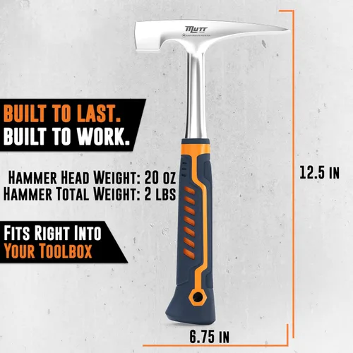 Vista 5 de Mutt Tools - Martillo de ladrillo profesional, martillo de mampostería resistente de 20 onzas para herramientas de albañil, martillo de piedra