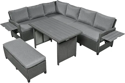 Vista 2 de Juego de conversación para patio, juego de sofá modular de 5 piezas, juego de muebles de mimbre de ratán PE con 2 mesas laterales extensibles