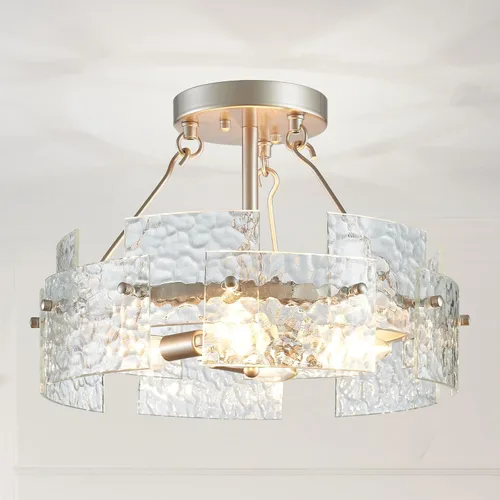 Vista 16 de XINGQI - Lámpara moderna de techo dorado de 16 pulgadas, 4 luces de techo de vidrio ondulado de agua para dormitorio, comedor, sala de estar 15.7