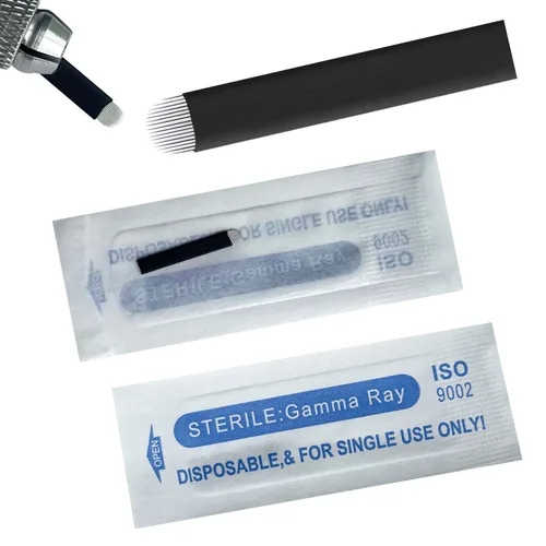 Vista 14 de Agujas de microblading de 0.007 in, agujas desechables de tatuaje de cejas para máquina de maquillaje permanente Manual de suministros (Negro S7)