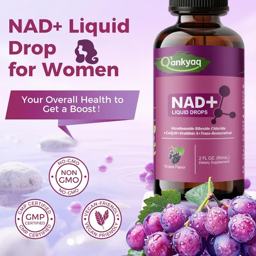 Vista 2 de NAD - Gotas de 1000 mg con cloruro de ribósido de nicotinamida, trans-resveratrol, tintura NAD Plus para proporcionar energía, estabilidad Mito*