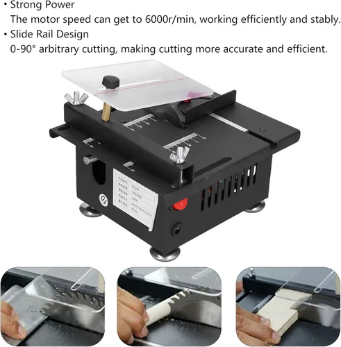 Vista 4 de Sierra de mesa Mini 100W, riel deslizante ajustable para carpintería, engranajes de 7 velocidades, corte de 0-90 grados, 0-6000r / min, aleación
