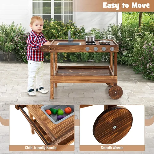 Vista 3 de Costzon Cocina de barro, cocina de juego al aire libre con fregadero, grifo, estufas y accesorios de cocina, estante de almacenamiento, carrito