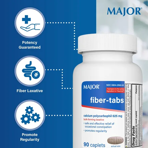 Vista 4 de MAJOR Fiber-Tabs - Tabletas de 625 mg - Terapia de fibra para regularidad - Alivio ocasional del estreñimiento para adultos - 90