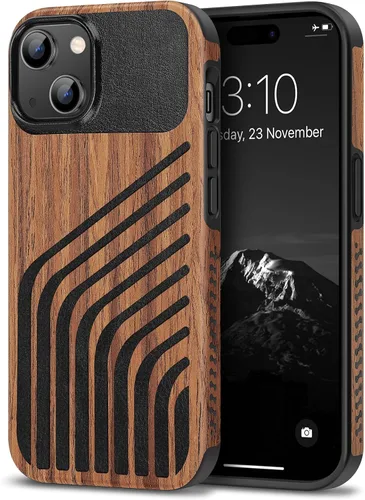 Vista 12 de TENDLIN Compatible con Funda para iPhone 15, Funda de Madera con Textura de Fibra de Carbono, Diseño Híbrido de Cuero Delgado (Negro)