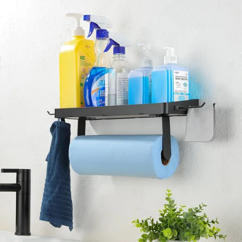 Vista 4 de Soporte de toallas de papel ZUNTO para garaje con estante, estante de toallas de papel de acero inoxidable negro con ganchos, soporte de toallas