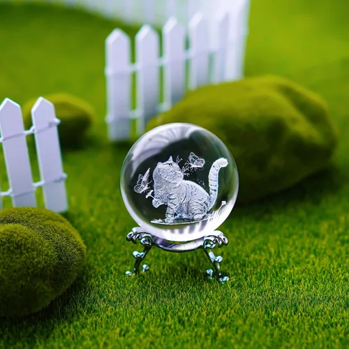 Vista 3 de Bola de cristal de gato 3D con soporte grabada con láser, figura de gatito para regalo