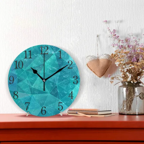 Vista 2 de Silent - Reloj de pared redondo sin tictac, geométrico, triángulo, verde azulado, azul, decoración del hogar, funciona con pilas para sala de estar