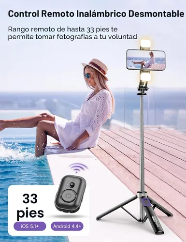 Vista 4 de Trípode para selfie stick de 53 pulgadas con luz, palo selfie extensible con control remoto, soporte de trípode portátil para teléfono celular