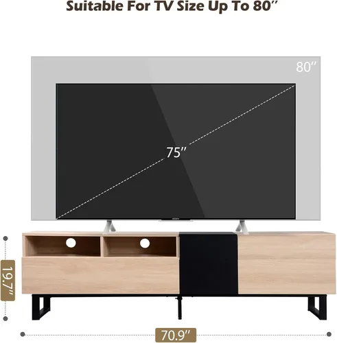 Vista 5 de Soporte de TV estilo tronco para TV de 80 pulgadas con doble espacio de almacenamiento, centro de entretenimiento con puerta abatible, gabinete