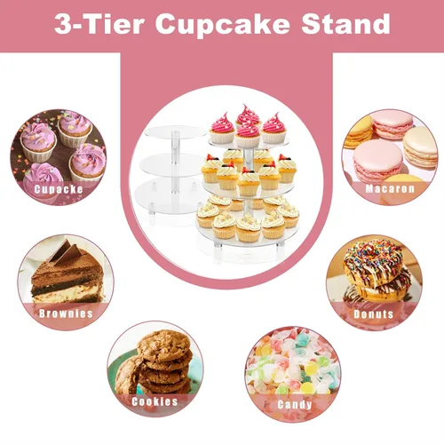 Vista 5 de Soporte redondo de 3 niveles para cupcakes, soporte de torre de acrílico para pasteles, estante de exhibición de macarons, galletas, dulces, bufé