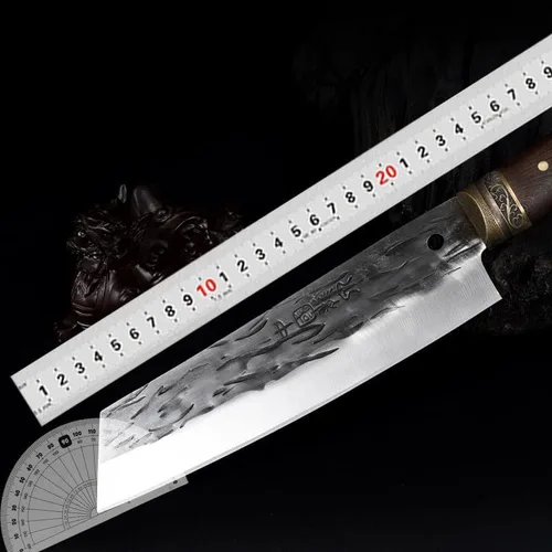 Vista 6 de Cuchillo de carne Longquan de 8.5 pulgadas, cuchillo de chef forjado a mano, cuchillo de carnicero para el hogar, cabeza de águila, mango de madera