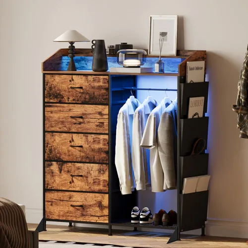 Vista 9 de LUMTOK - Cómoda con estante para colgar, 5 cajones de tela y bolsillo lateral para dormitorio 2 in 1 Black 5 Drawers Dresser with LED&Charging