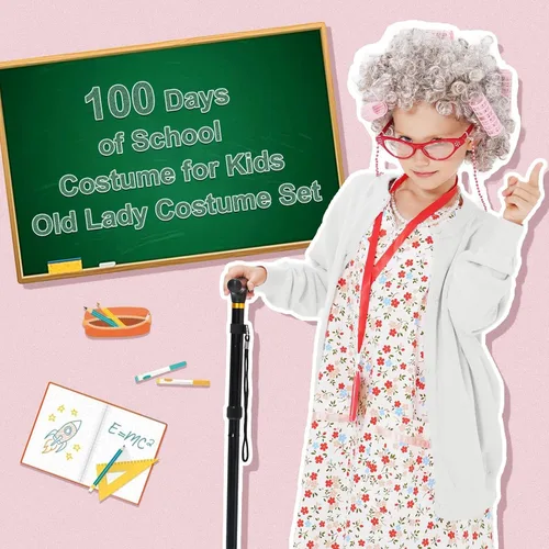 Vista 5 de FAYBOX 9 pcs Old Lady Costume for Kids,100 Days of School Costume Old Lady Wig for Girls,Halloween Granny Grandma Dress Up